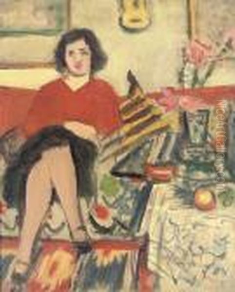 Girl In A Red Pullover, Seated On Sofa, And Flowers, 
Recto
; Still Life With Melon And Grapes, 
Verso Oil Painting by George Leslie Hunter