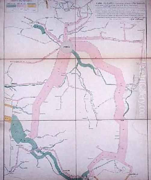 Map representing the approximate tonnage of wines and spirits in circulation in France in 1857 by water and by railway 1860 Oil Painting by Charles Joseph Minard