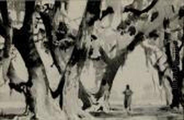 Two Live Oaks Oil Painting by Alfred Heber Hutty