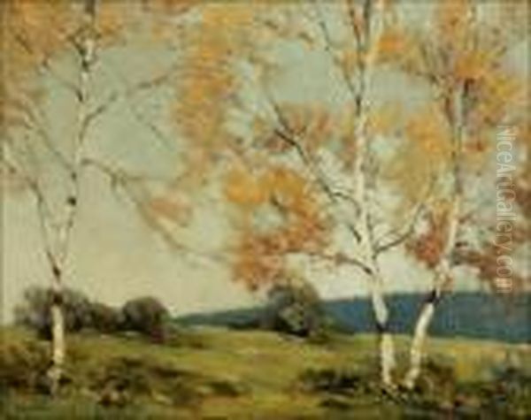 Birch Trees In Summer Landscape Oil Painting by Alfred Heber Hutty