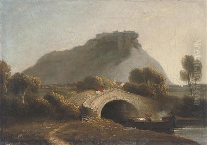A Wooded River Landscape With A 
Figure On Horseback Crossing Abridge, A Hill With A Fort Beyond Oil Painting by Julius Caesar Ibbetson