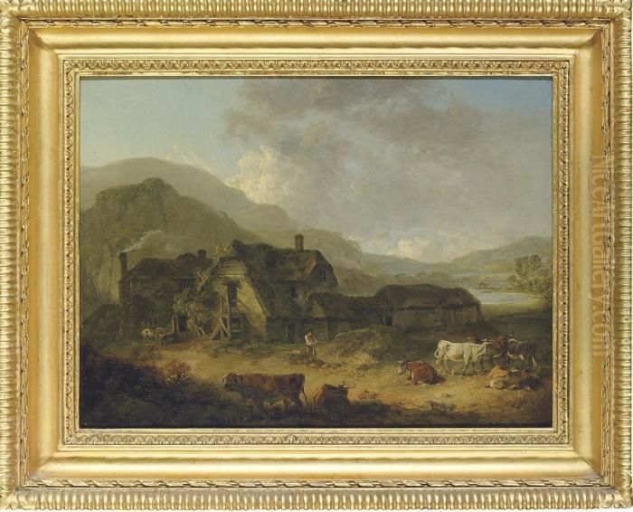 Mountainous Landscape With A Farm And Cattle Oil Painting by Julius Caesar Ibbetson