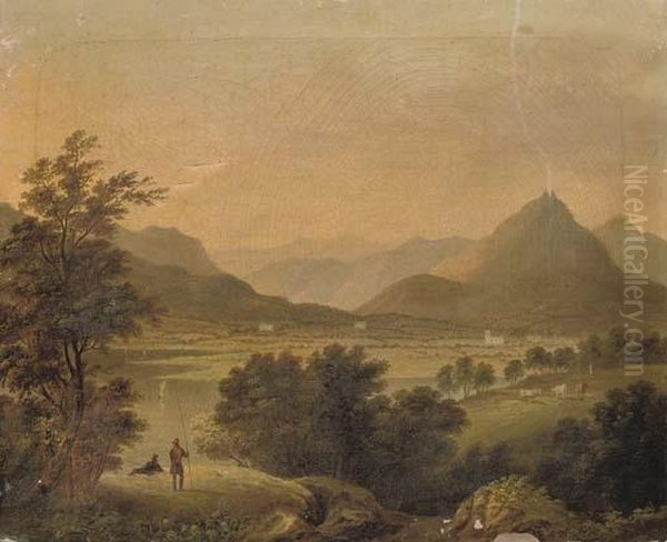 A View Of Grasmere, Westmorland,
 With Figures Fishing In The Foreground And Cattle Beyond Oil Painting by Julius Caesar Ibbetson