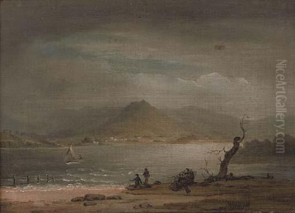 A Lake-side Landscape With 
Figures In The Foreground And Hills Beyond, Possibly Grasmere, 
Westmoreland Oil Painting by Julius Caesar Ibbetson
