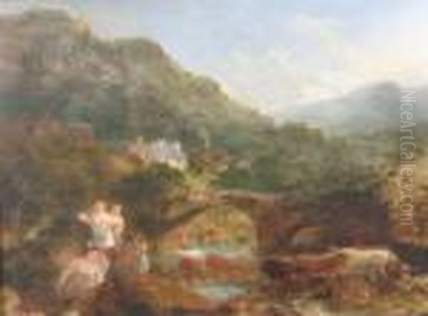 A View In The Lake District With
 Figures On A Riverbank, Cattle Watering, A Bridge And Village Beyond Oil Painting by Julius Caesar Ibbetson