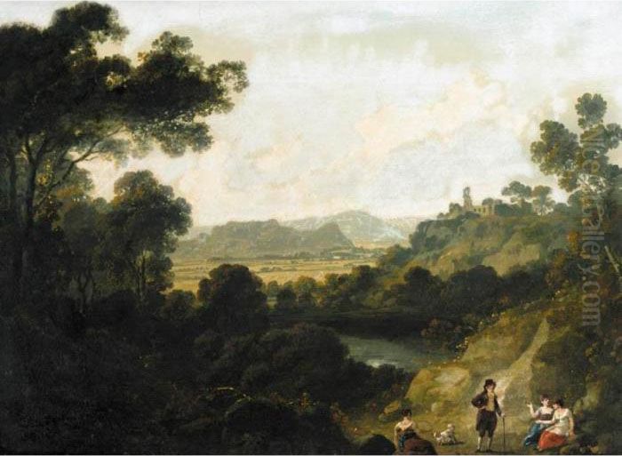 A Distant View Of Llantrisant 
Castle, Glamorganshire, With Figures Seated In The Foreground Oil Painting by Julius Caesar Ibbetson