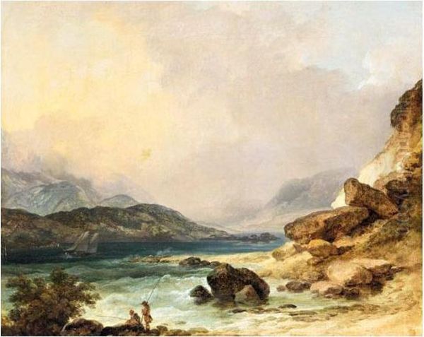 Two Peasants On The Bank Of A 
Lake, Possibly Skiddaw Beyond; And Two Fishermen On The Bank Of An 
Estuary In The Lake District Oil Painting by Julius Caesar Ibbetson