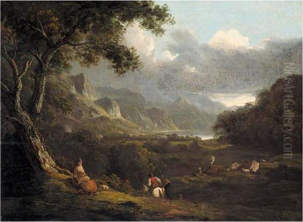 An Extensive Landscape, Possibly
 A View Of The Lake District, With Figures In The Foreground Oil Painting by Julius Caesar Ibbetson