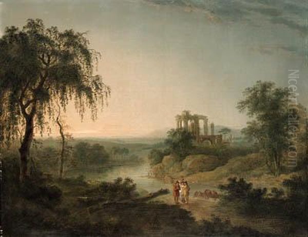 A Ruined Abbey With Figures In 
The Foreground; And A Riverlandscape, With Figures In The Foreground And
 A Ruined Abbeybeyond Oil Painting by Julius Caesar Ibbetson