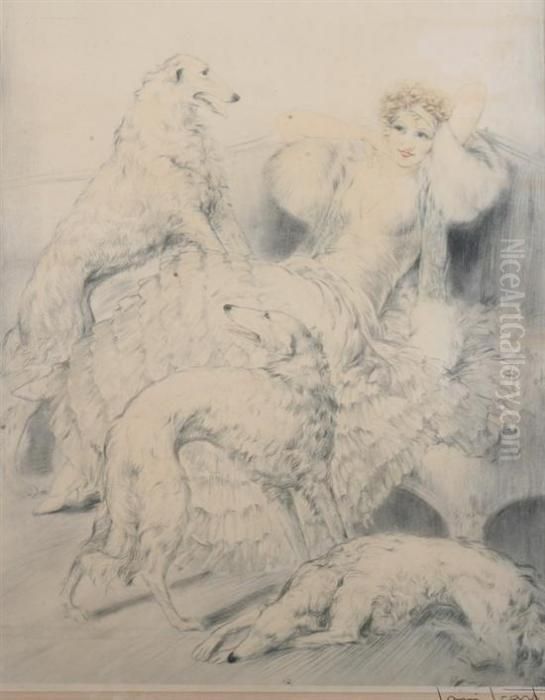 Femme Avec Deux Levriers Afghans Oil Painting by Louis Icart