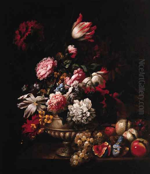 Tulips, Roses, Poppies and other Flowers in a Vase with Fruit on a Ledge Oil Painting by Jean-Baptiste Monnoyer