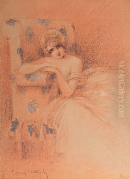 Elegante Accoudee Dessin Au Crayon Gras Et Rehauts D'aquarelle Oil Painting by Louis Icart