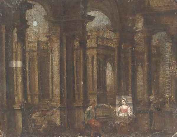 A capriccio of a palace courtyard with figures playing music and dancing Oil Painting by Gennaro Greco