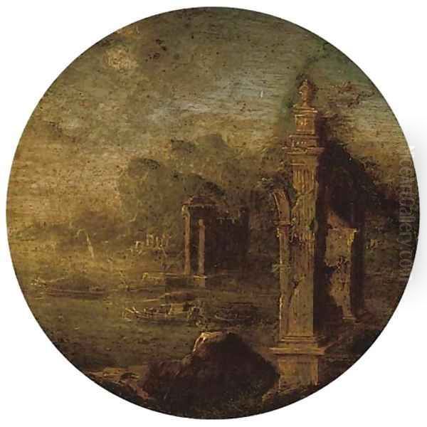 A coastal landscape with classical ruins and ships beyond Oil Painting by Gennaro Greco