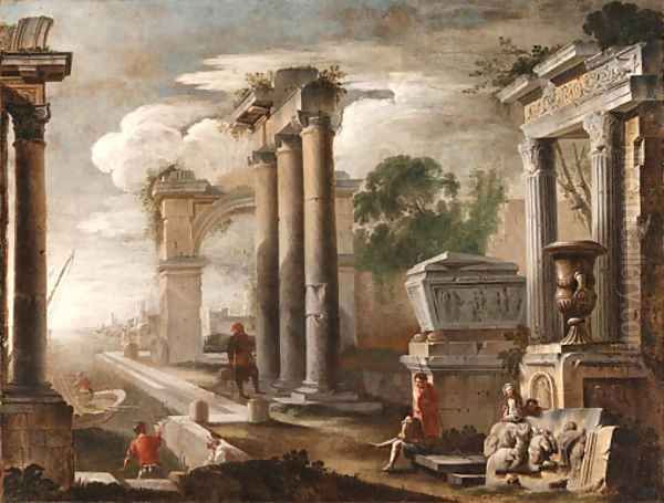 A Mediterranean Port with Banditti resting by Classical Ruins Oil Painting by Gennaro Greco