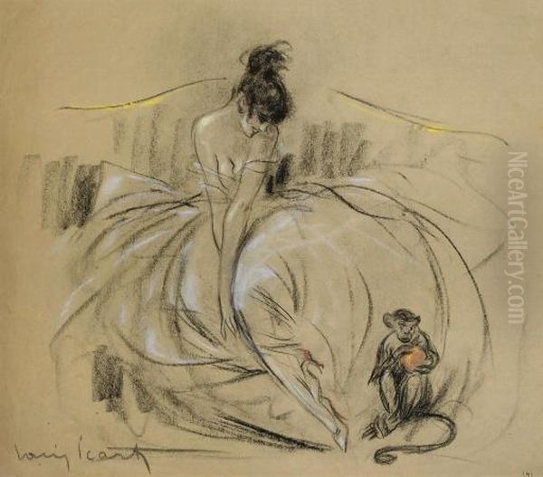 Study Of Lady And Monkey Oil Painting by Louis Icart