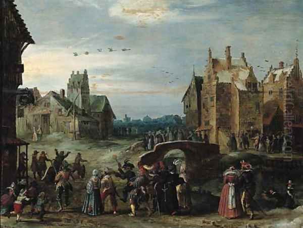 A carnival procession in a village street on Shrove Tuesday Oil Painting by Govaert (Mynheer) Jansz