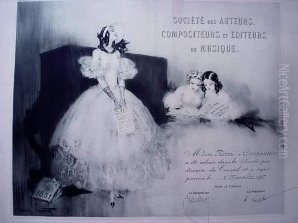. Certificat De Reception A La 
Societe Des Auteurs, Compositeurs Et Editeurs De Musique. [elegantes 
Donnant Un Recital]. 1934 Oil Painting by Louis Icart