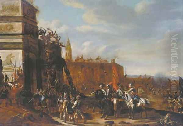 Soldiers holding siege at the gates of a fortified town, a battlefield beyond Oil Painting by Pieter Meulener