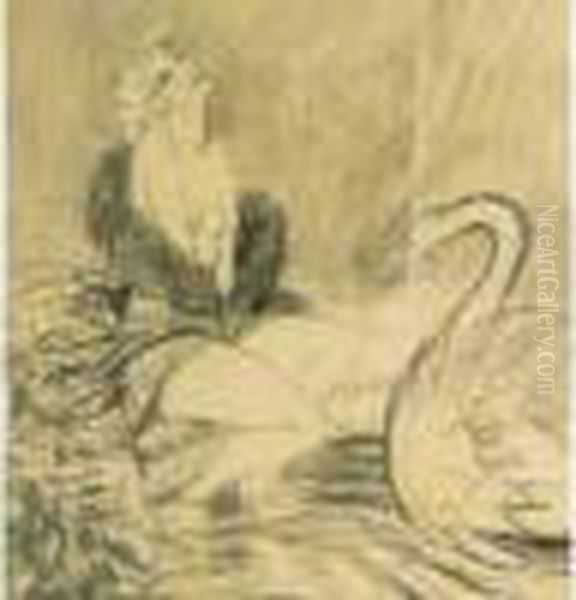 <leda>. Fusain Sur Papier
 Bistre Oil Painting by Louis Icart