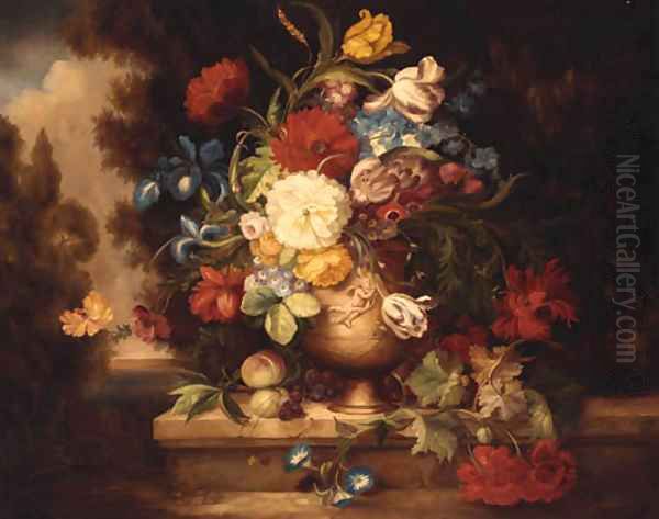 A Vase Of Mixed Flowers On A Ledge Oil Painting by Jean-Baptiste Monnoyer