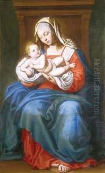 Madonna In Trono Col Bambino. 
Importante, Bellissimo Dipinto Ad Olio Su Tela. Per Un Confronto Si Veda
 La 