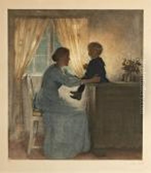 Interior Wih Woman Seen From The
 Back. Signed And Numbered With Led Peter Ilsted 150/123. Mezzotint In 
Colours. 35 X 32 Cm Oil Painting by Peder Vilhelm Ilsted