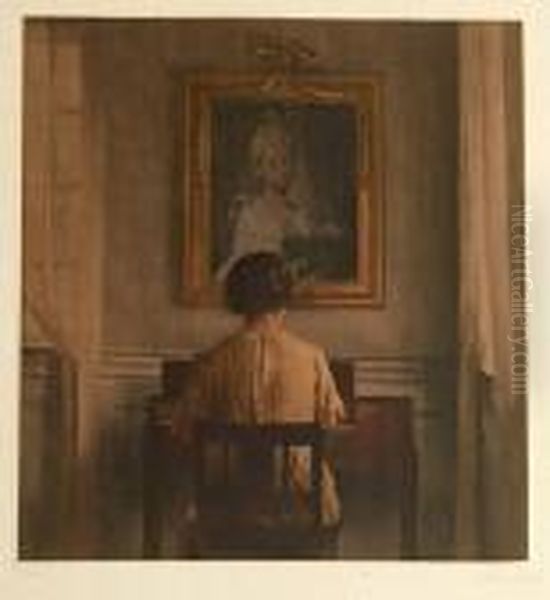 Mother And Child. Signed And 
Numbered With Led Peter Ilsted 75/41. Mezzotint. Visible Size 48 X 43 Cm Oil Painting by Peder Vilhelm Ilsted