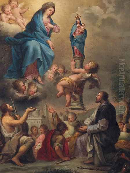 An angel presenting a statue of the Madonna and Child to the Madonna with John the Baptist, Saint Roch and other Saints Oil Painting by Pier Francesco Mola
