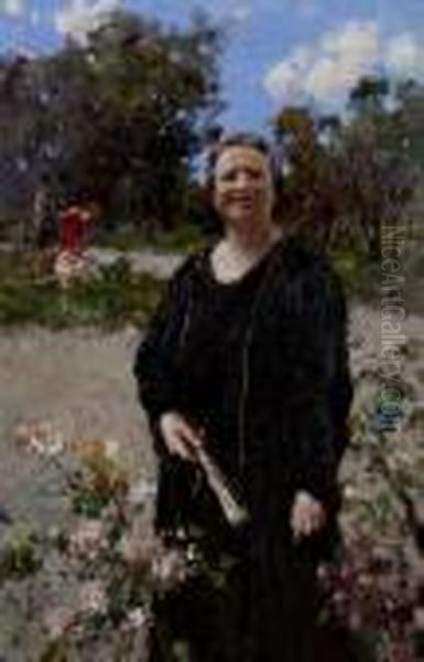 Signora Con Ventaglio E Bambini Che Giocano In Un Giardino Fiorito Oil Painting by Irolli Vincenzo