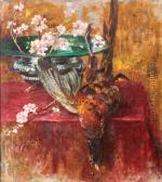 Vaso Con Fiori E Un Fagiano Su Un Piano Oil Painting by Irolli Vincenzo
