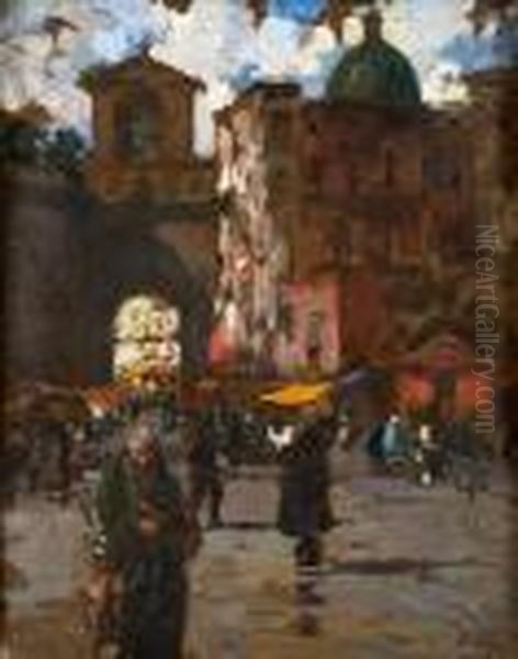 Piazza Con Mercato A Napoli Oil Painting by Irolli Vincenzo