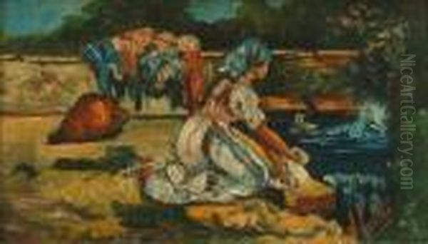 Washerwomen On Ariverbank Oil Painting by Irolli Vincenzo