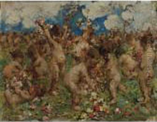 Putti Among The Flowers Oil Painting by Irolli Vincenzo