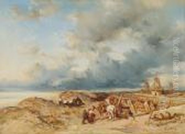 Kustlandskap Med Figurer Oil Painting by Eugene Isabey