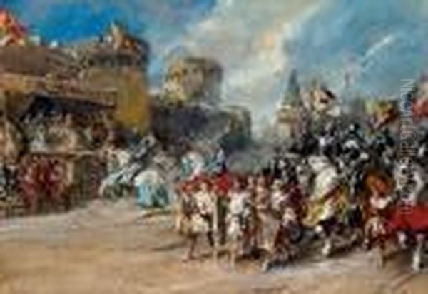 Scene De Tournoi Au Moyen-ge
 Aquarelle Gouachee Sur Traits De Plume Et Encre Brune Oil Painting by Eugene Isabey