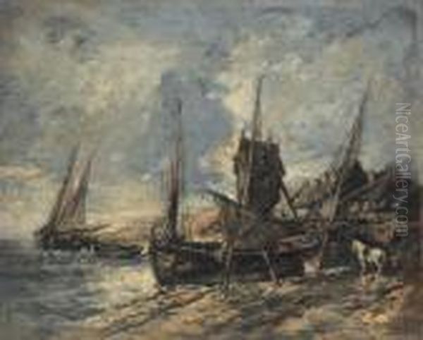 Bateaux Sur Le Rivage Oil Painting by Eugene Isabey