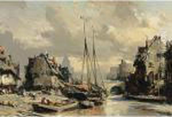 A Harbour Scene In A Town Oil Painting by Eugene Isabey