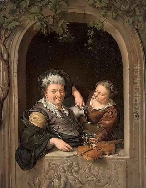 A musician being served wine at a casement with a sculpted relief of The Triumph of Bacchus Oil Painting by Willem Van Mieris Leiden