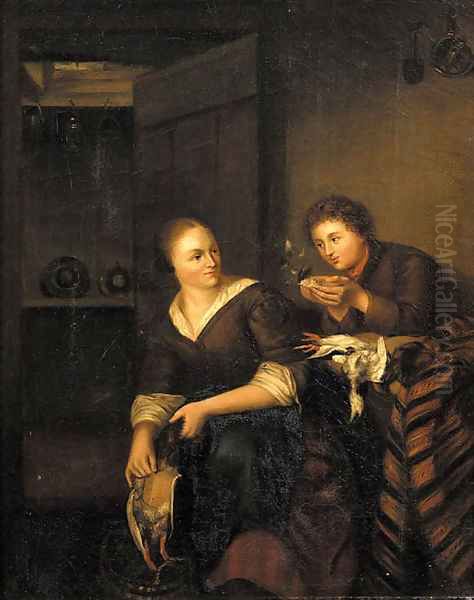 A Vanitas A man courting a maid in an interior Oil Painting by Willem Van Mieris Leiden