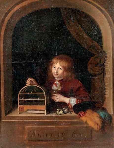 A boy in a feigned niche holding a cage with a song bird Oil Painting by Willem Van Mieris Leiden