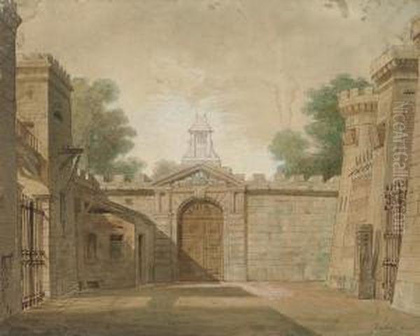 The Interior Of A Courtyard With A Bell Tower Oil Painting by Jean-Baptiste Isabey