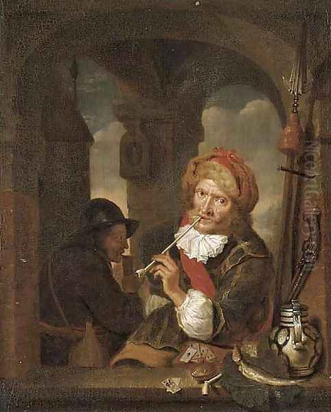 A cavalier smoking and playing cards at a window Oil Painting by Willem Van Mieris Leiden