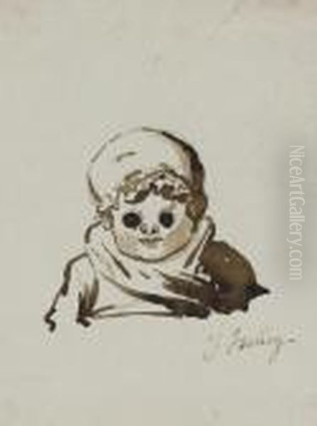 Une Fillette En Buste Portant Un Bonnet (recto); Croquis De Paysage (verso) Oil Painting by Jean-Baptiste Isabey