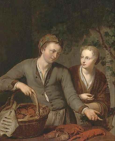 A fish seller and a vegetable seller Oil Painting by Willem Van Mieris Leiden