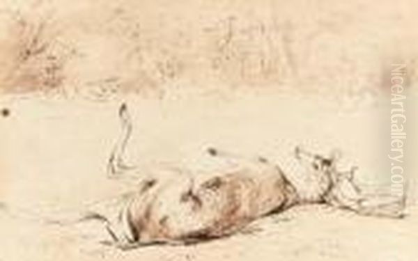 A Wounded Stag In The Woods, A Hunter In The Distance Oil Painting by Jean-Baptiste Isabey