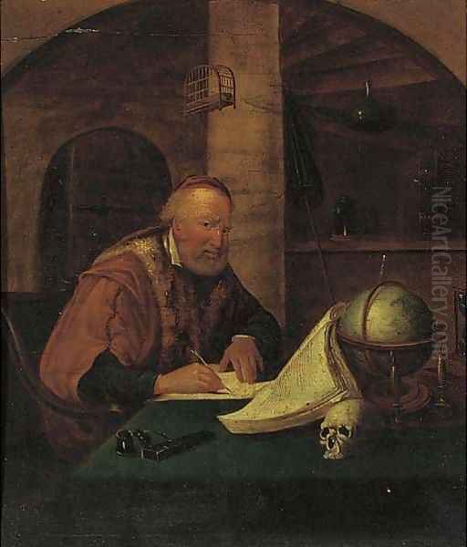 A man playing a violin at a window; and a philosopher in his study Oil Painting by Willem Van Mieris Leiden