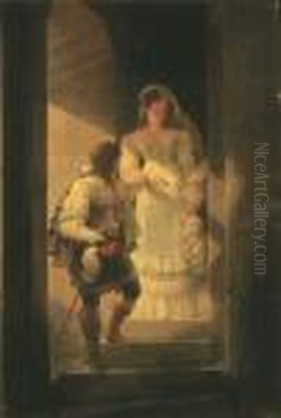 Un Couple Descendant L'escalier De La Tourelle Du Chateau D'harcourt Oil Painting by Jean-Baptiste Isabey