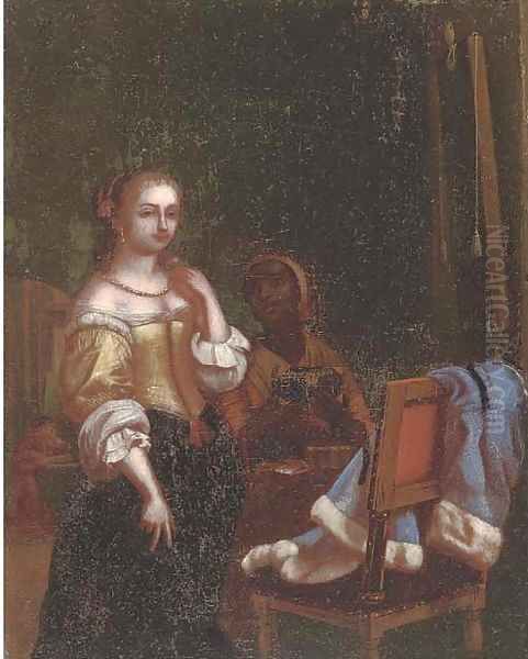 A lady and her maid in an interior Oil Painting by Willem Van Mieris Leiden