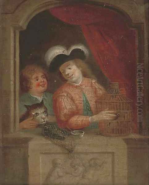 A man and a boy with a caged bird at a casement; and Three children at a casement Oil Painting by Willem Van Mieris Leiden